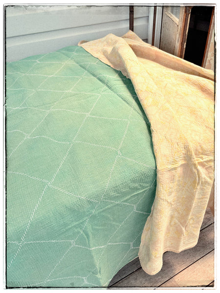 Vintage Diamond Stitched Kantha Quilt in Green and Cream