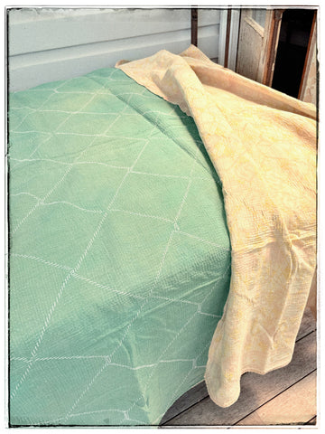 Vintage Diamond Stitched Kantha Quilt in Green and Cream