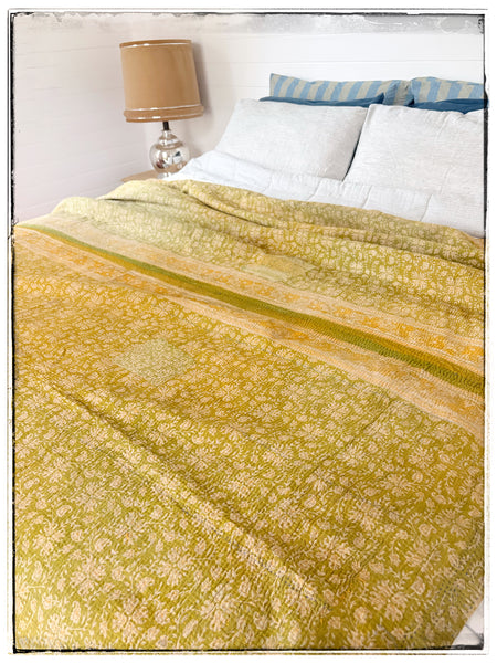 Vintage Kantha Quilt in Navy, Yellow, Orange and Green