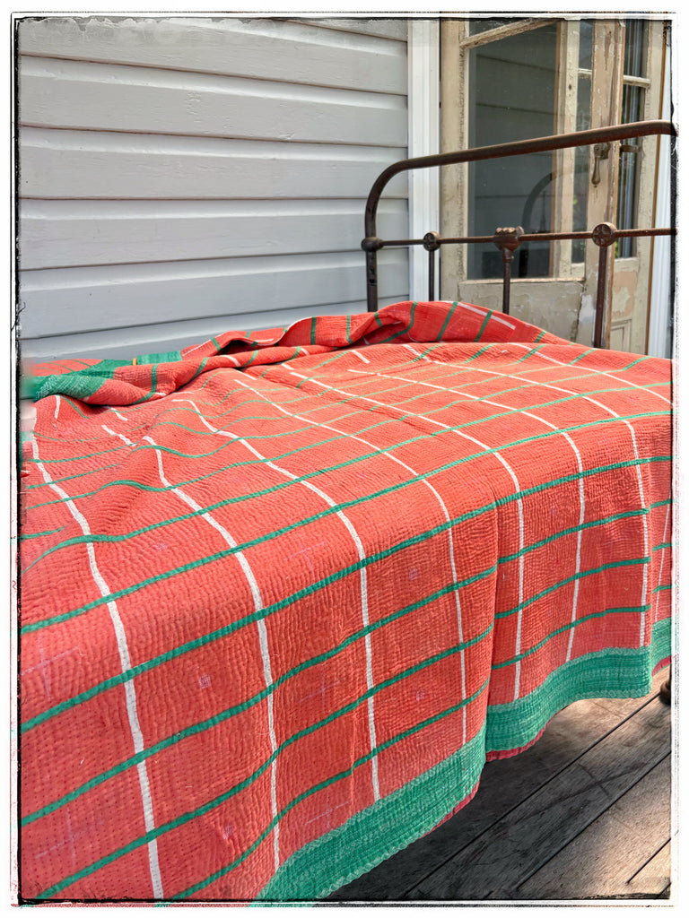 Vintage Checked Kantha Quilt