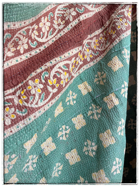 Vintage Kantha Quilt in Faded Navy, Light Green and Brown