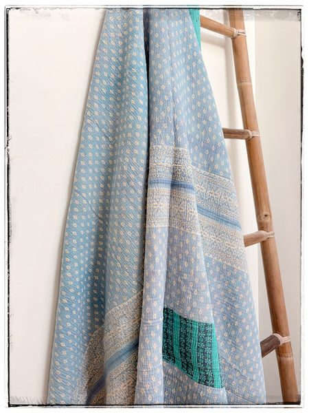 Vintage Kantha Quilt in Teal and Light Blue