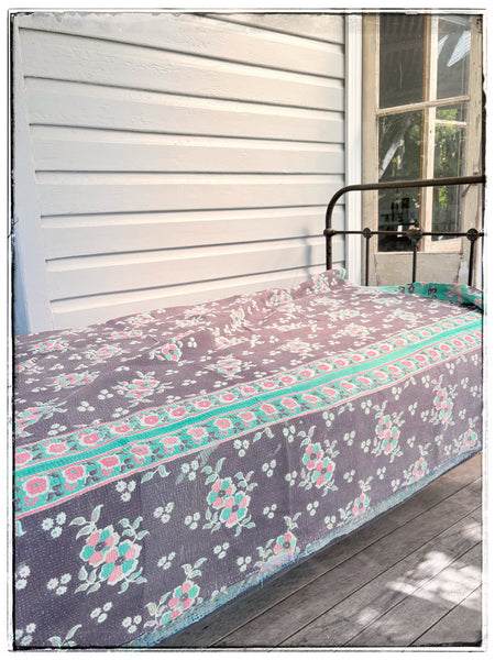 Vintage Kantha Quilt in Faded Navy, Light Green and Brown