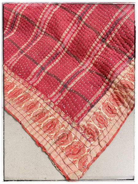 Extra Large Vintage Kantha Quilt in Green and Red