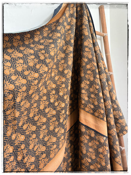 Fine Stitch Vintage Kantha Quilt in mustard, navy and light blue