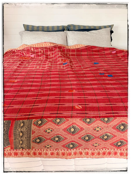 Extra Large Vintage Kantha Quilt in Green and Red