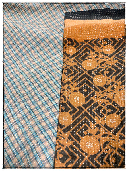 Fine Stitch Vintage Kantha Quilt in mustard, navy and light blue