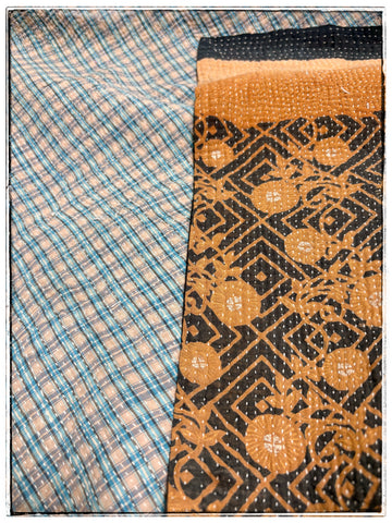 Fine Stitch Vintage Kantha Quilt in mustard, navy and light blue