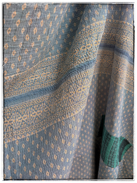Vintage Kantha Quilt in Teal and Light Blue