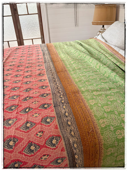 Extra Large Vintage Kantha Quilt in Green and Red