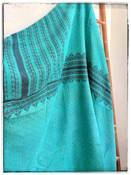 Vintage Kantha Quilt in Teal and Light Blue