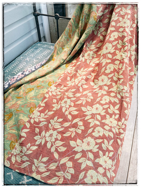 Vintage Kantha Quilt in Faded Navy Floral, Rust and Olive