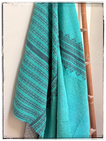 Vintage Kantha Quilt in Teal and Light Blue