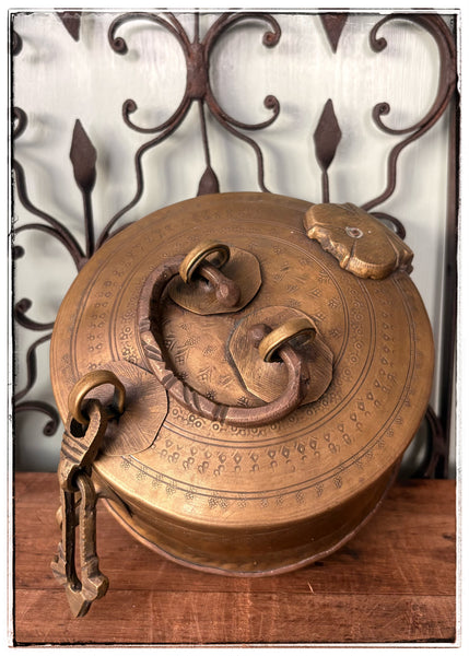 Antique engraved tins with ornate hardware