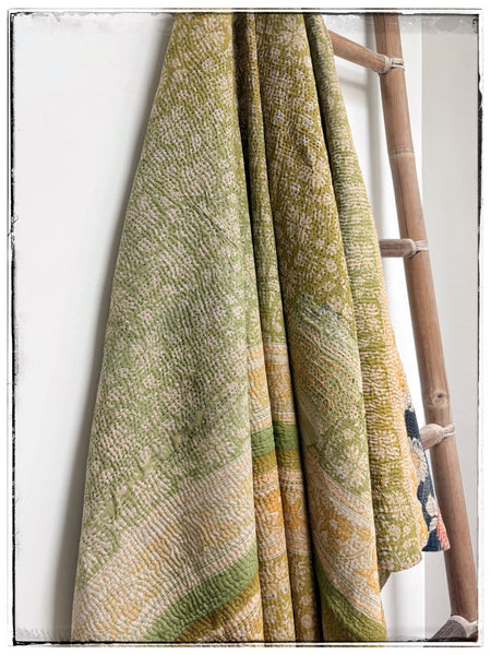 Vintage Kantha Quilt in Navy, Yellow, Orange and Green