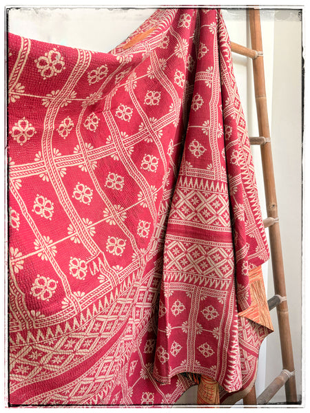 Large Vintage Fine Stitched Kantha Quilt in Cherry