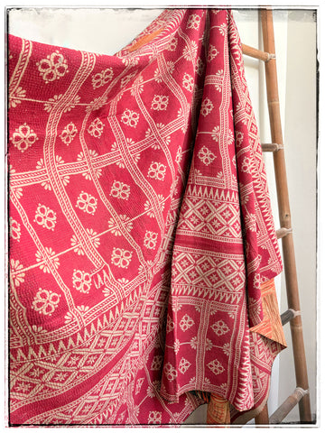Large Vintage Fine Stitched Kantha Quilt in Cherry