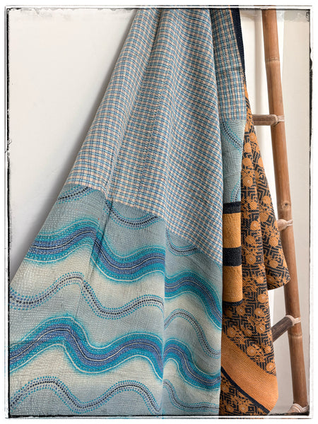 Fine Stitch Vintage Kantha Quilt in mustard, navy and light blue