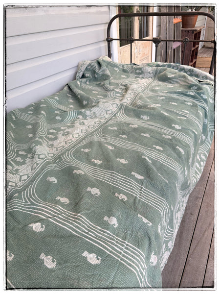 Vintage Kantha Quilt in Moss Green