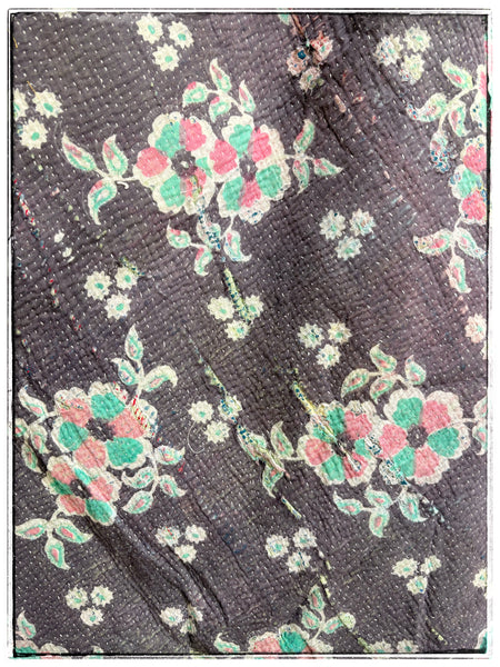 Vintage Kantha Quilt in Faded Navy, Light Green and Brown