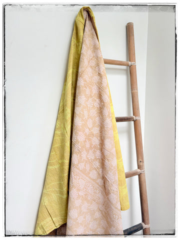 Vintage kantha quilt in Pale Pink, Tan and Citrus