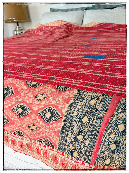 Extra Large Vintage Kantha Quilt in Green and Red