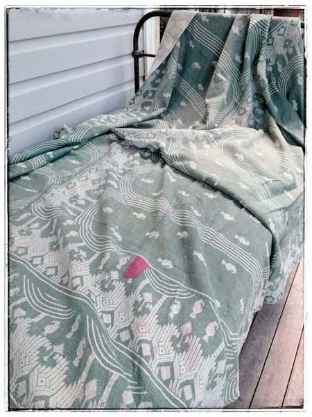 Vintage Kantha Quilt in Moss Green