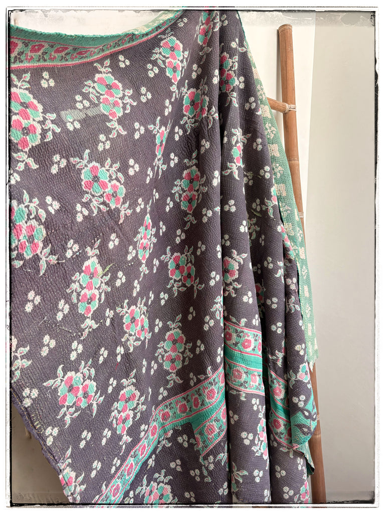 Vintage Kantha Quilt in Faded Navy, Light Green and Brown