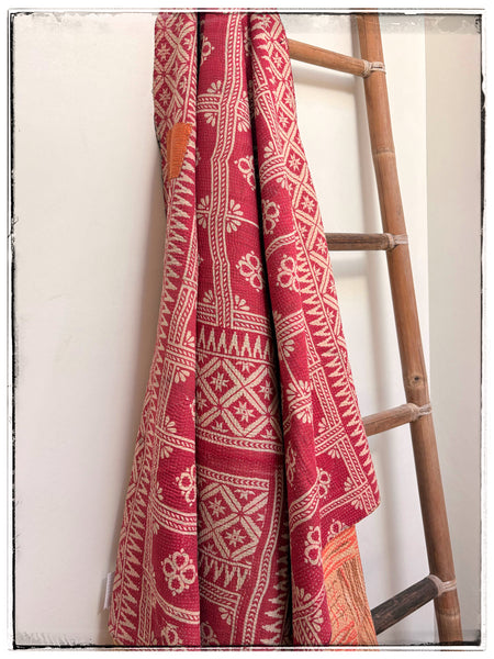 Large Vintage Fine Stitched Kantha Quilt in Cherry