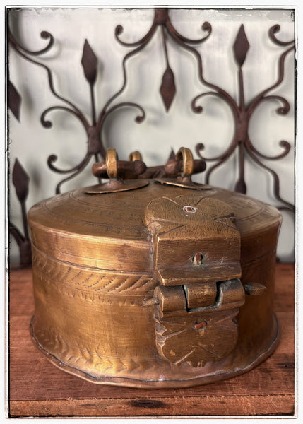 Antique engraved tins with ornate hardware