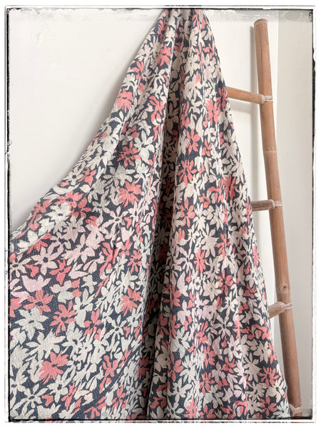 Vintage Kantha Quilt in Faded Navy Floral, Rust and Olive