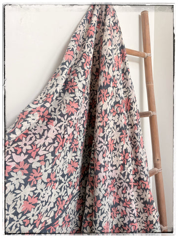 Vintage Kantha Quilt in Faded Navy Floral, Rust and Olive