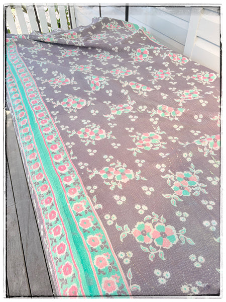 Vintage Kantha Quilt in Faded Navy, Light Green and Brown