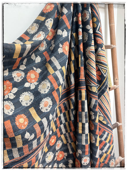 Vintage Kantha Quilt in Navy, Yellow, Orange and Green