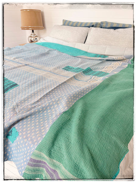Vintage Kantha Quilt in Teal and Light Blue