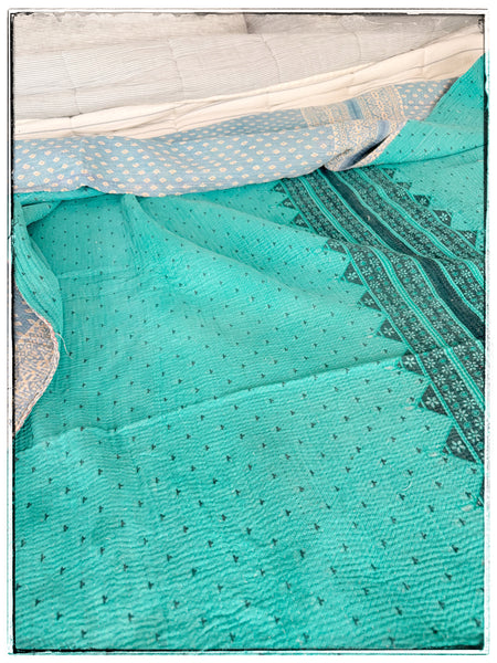 Vintage Kantha Quilt in Teal and Light Blue