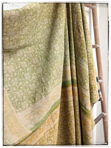 Vintage Kantha Quilt in Navy, Yellow, Orange and Green