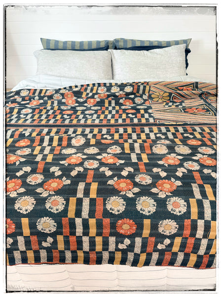 Vintage Kantha Quilt in Navy, Yellow, Orange and Green