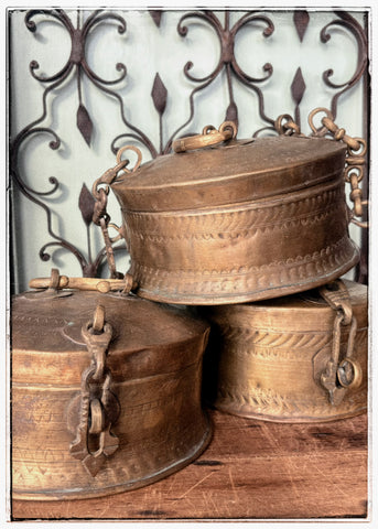 Antique engraved tins with ornate hardware