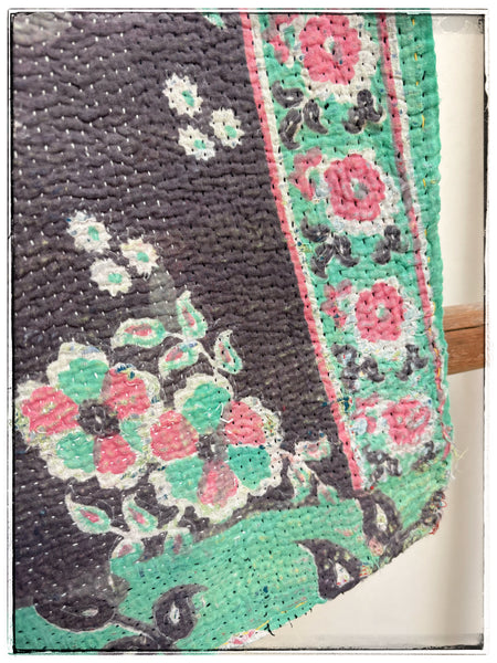 Vintage Kantha Quilt in Faded Navy, Light Green and Brown