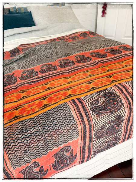 Extra Large Vintage Kantha in Vibrant Navy and Orange