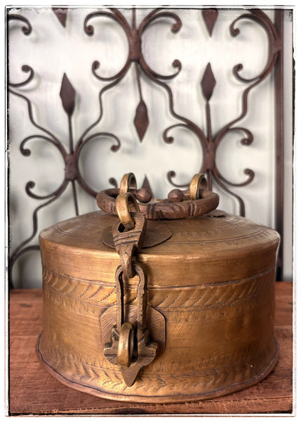 Antique engraved tins with ornate hardware