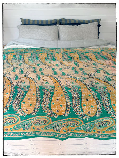 Large Vintage Kantha Quilt in Pink, Yellow and Green