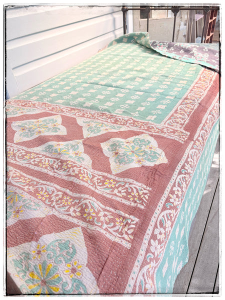 Vintage Kantha Quilt in Faded Navy, Light Green and Brown