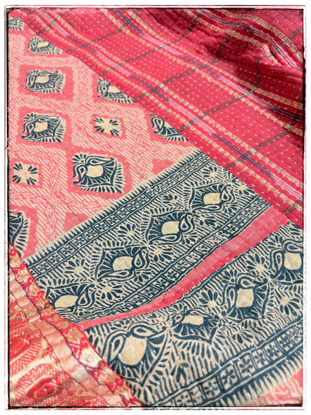 Extra Large Vintage Kantha Quilt in Green and Red