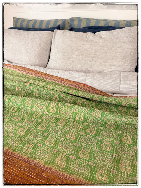 Extra Large Vintage Kantha Quilt in Green and Red