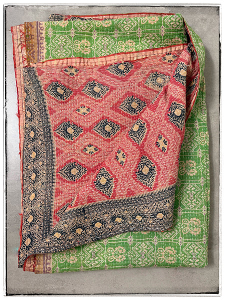 Extra Large Vintage Kantha Quilt in Green and Red