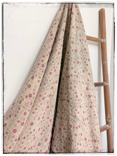 Large Vintage Kantha Quilt in Pale Pink and Beige