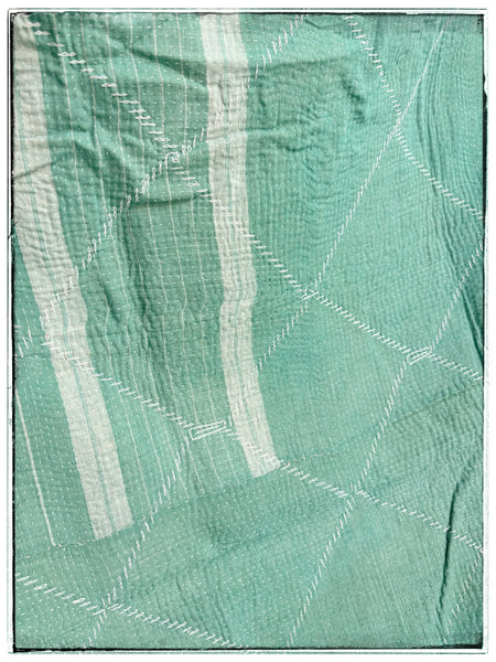 Vintage Diamond Stitched Kantha Quilt in Green and Cream