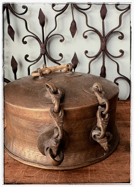 Antique engraved tins with ornate hardware